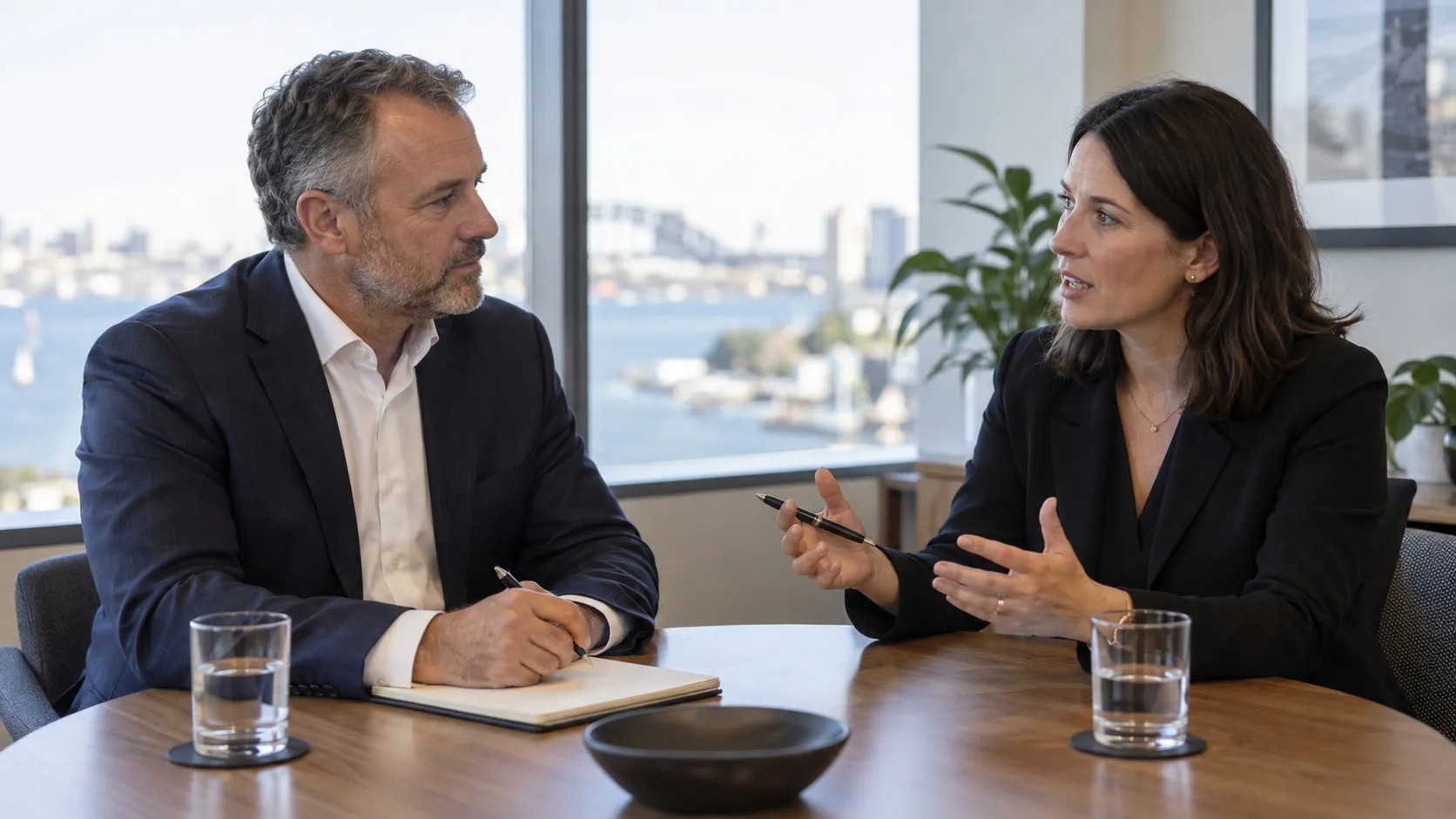Two people in business dress talking across a small meeting table