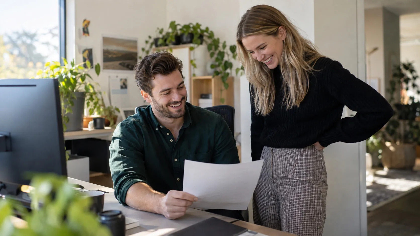 Two colleagues talking beside a desk in a small office
