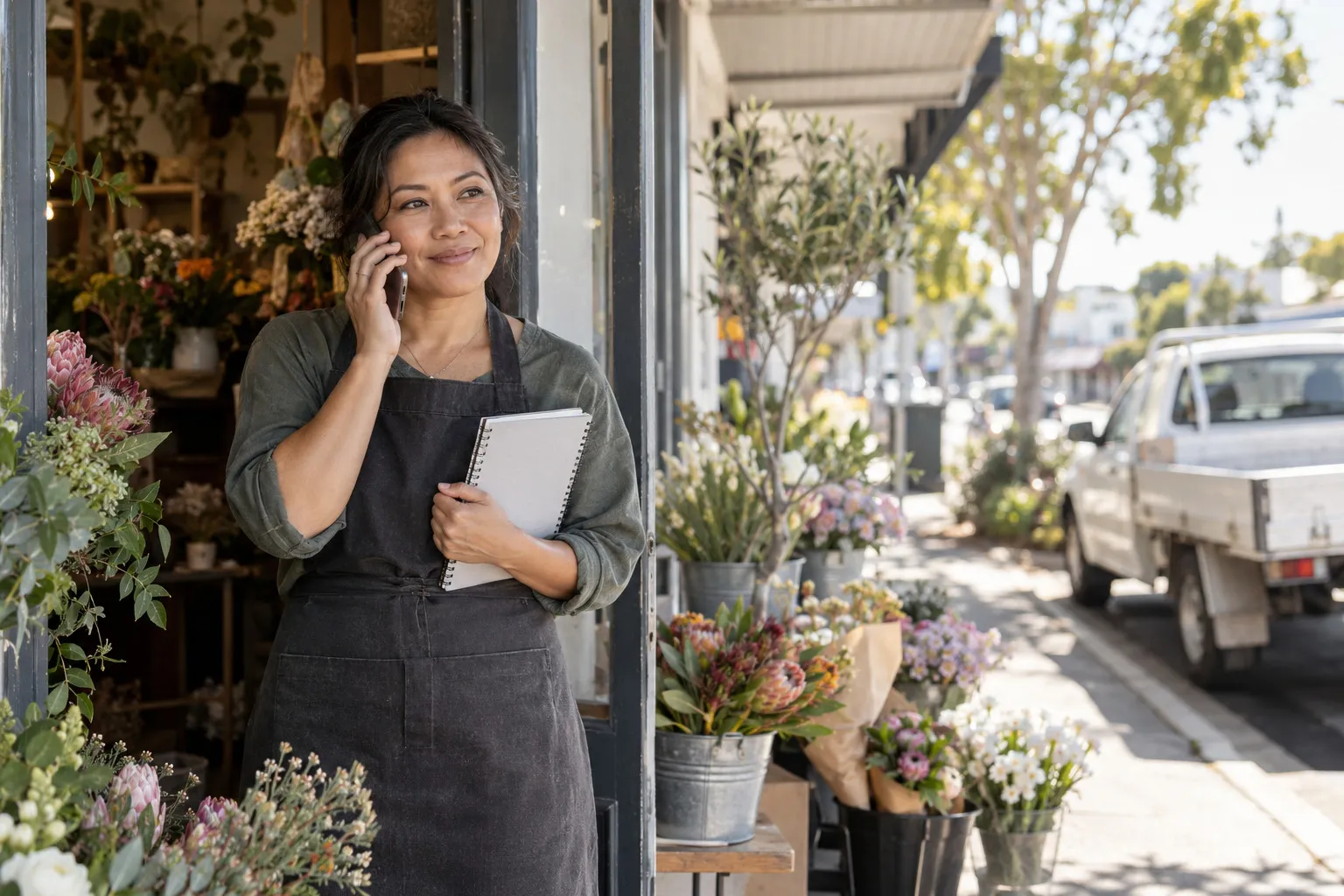 A business owner on the phone in the doorway of their premises, notebook in hand