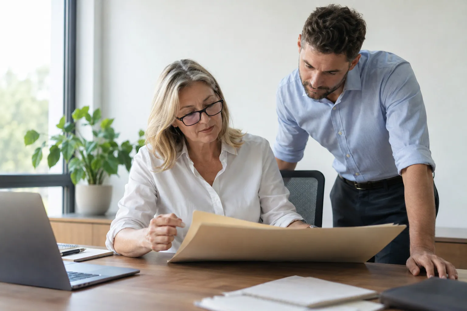 Two lending staff at a desk in an office, talking over an open folder of paperwork