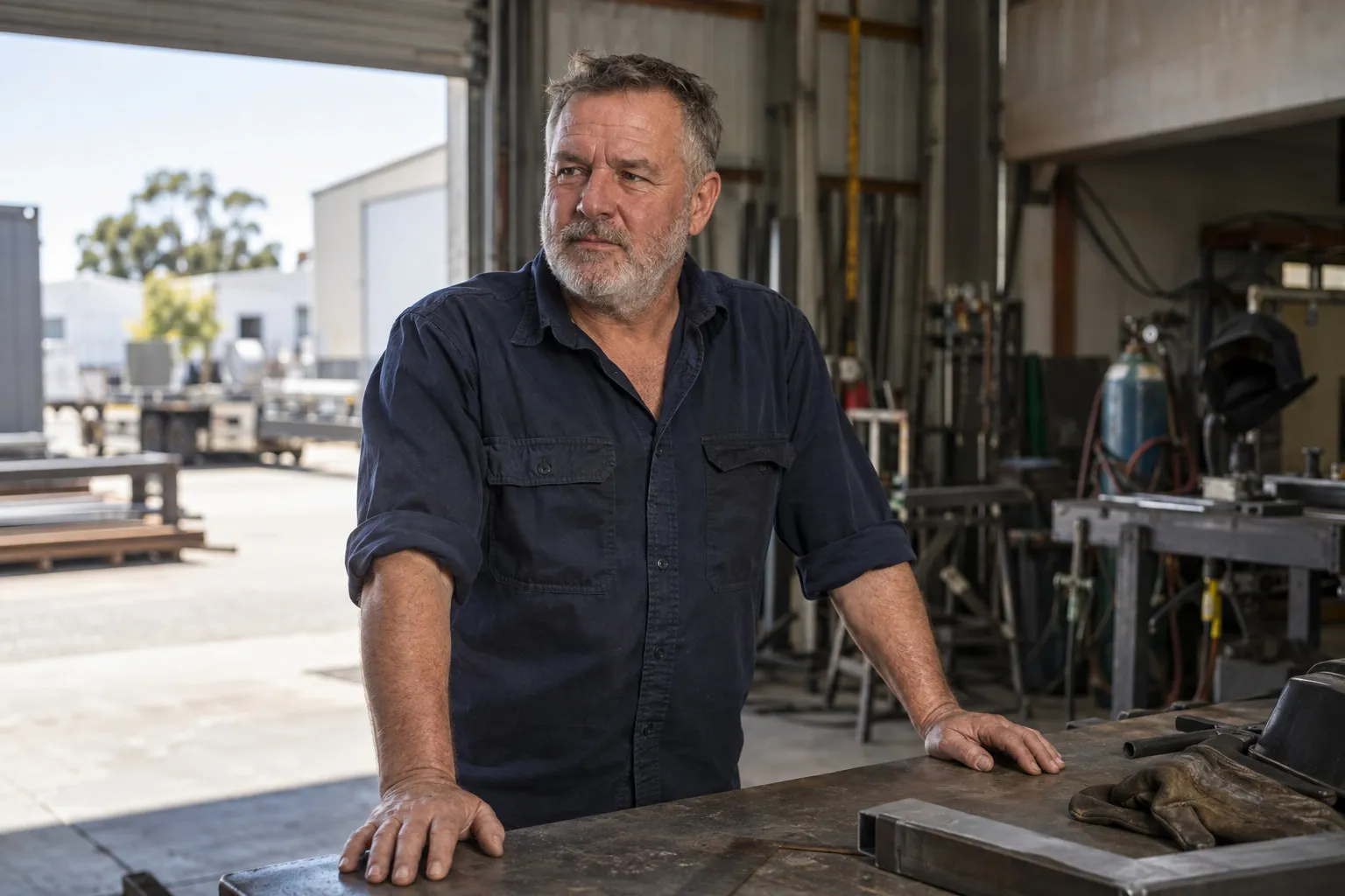 A business owner standing in the workshop of a small fabrication business, machinery behind