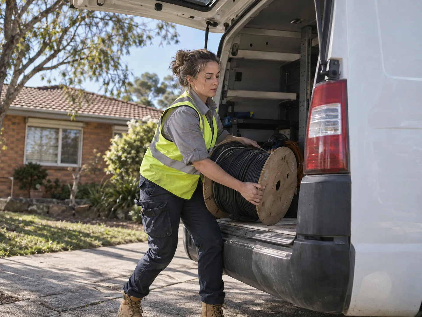 An electrician loading a work van outside a suburban house