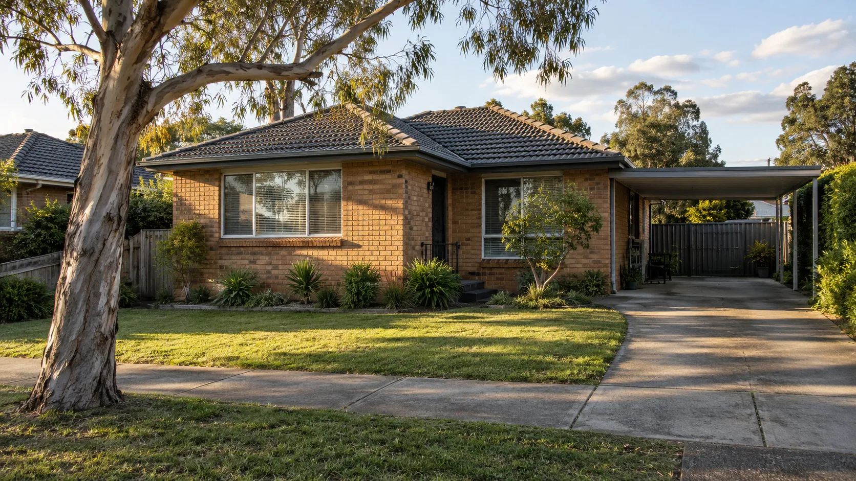 A brick-veneer house with a carport on a suburban Australian street in afternoon light