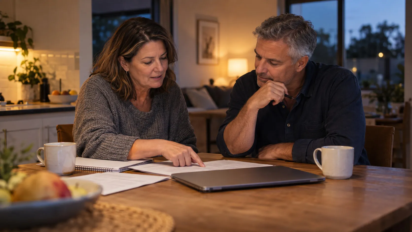 Two business owners at a kitchen table with a laptop and paperwork between them