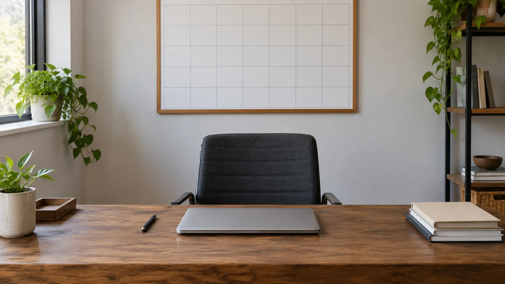 A wall calendar and a closed laptop on a desk in an otherwise tidy office