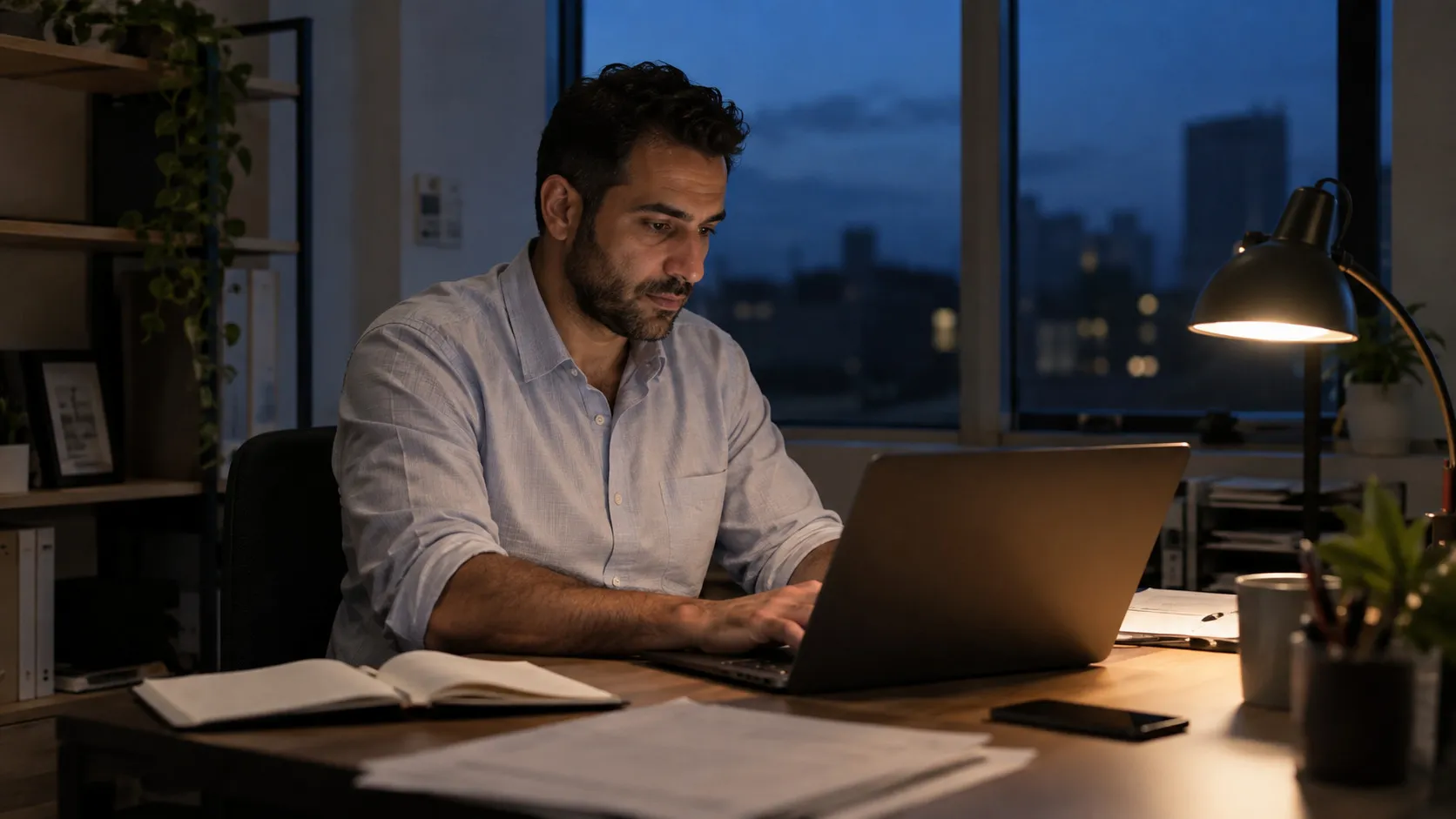 A small business owner working late at a desk lit by a single lamp