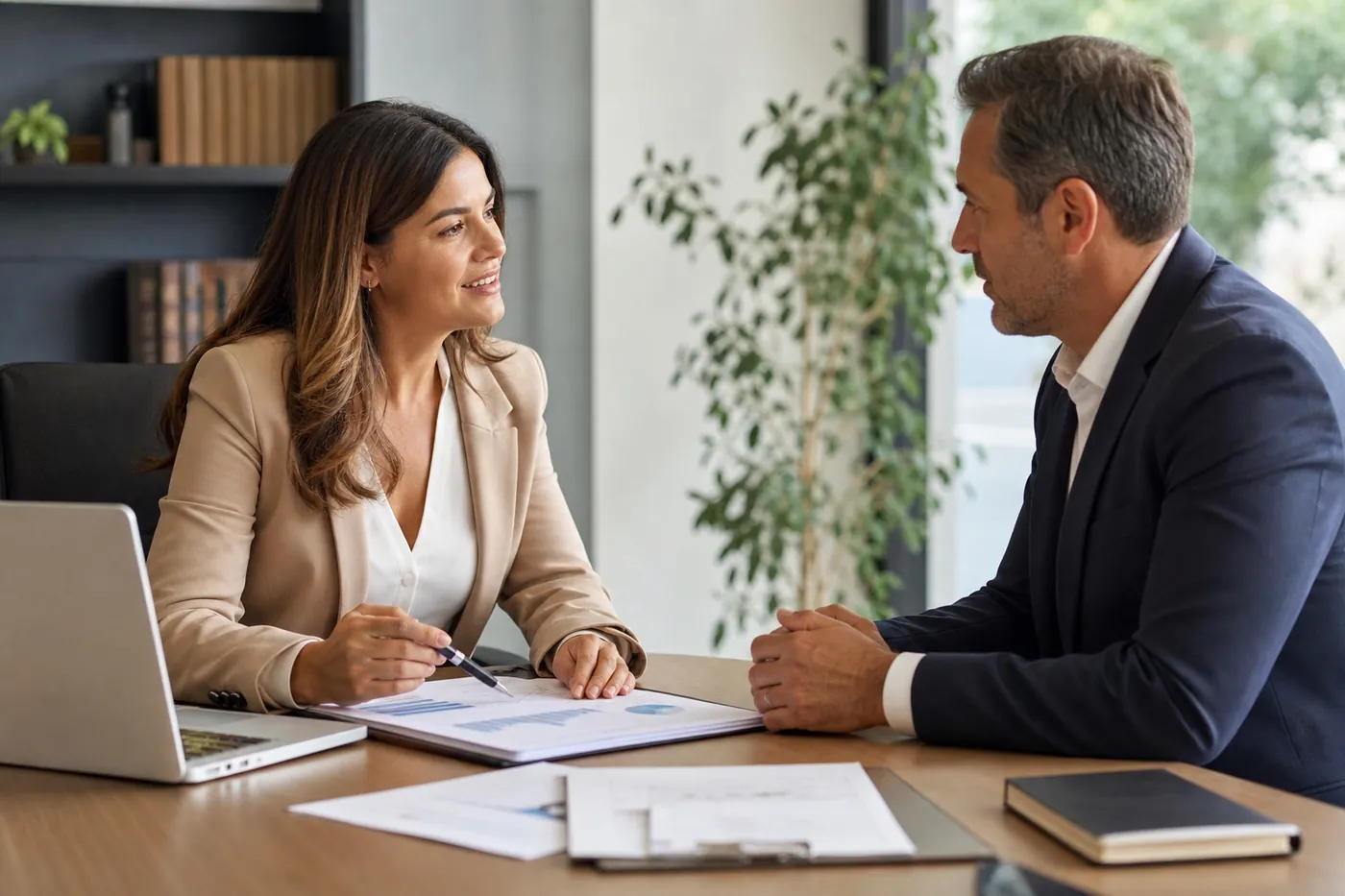 Mortgage broker discussing business finance with a business owner